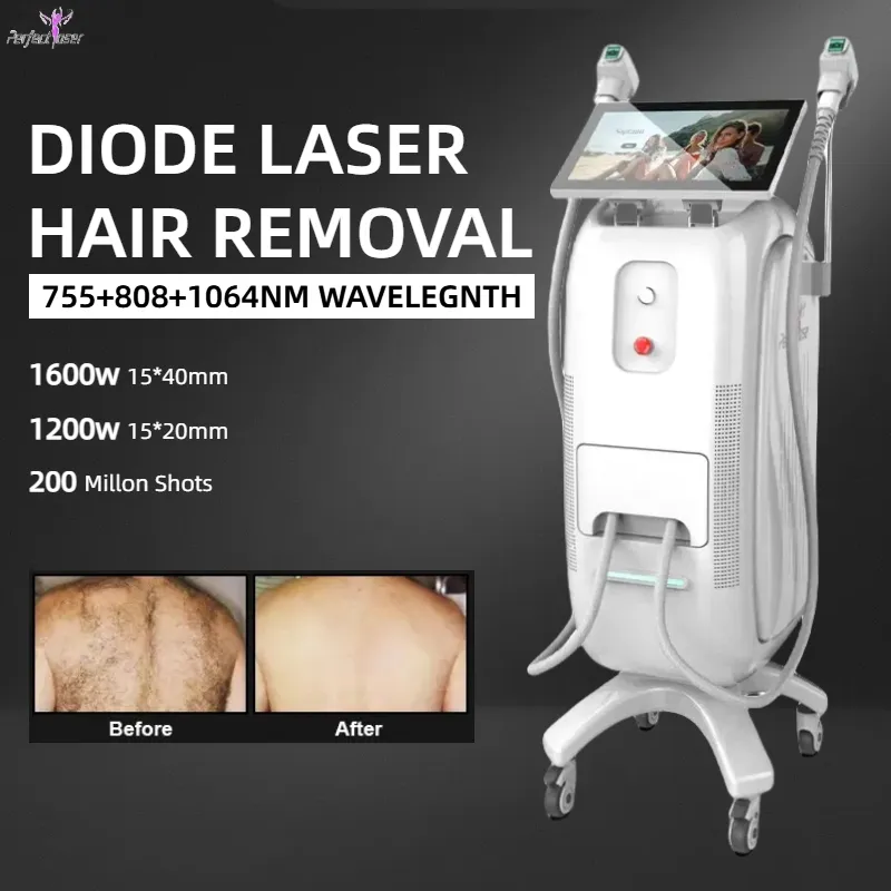 Dispositivo de belleza para depilación láser de diodo de 808 nm Tecnología de longitud de onda triple para todo tipo de piel y cabello Mangos de alta potencia 1200 W 1600 W