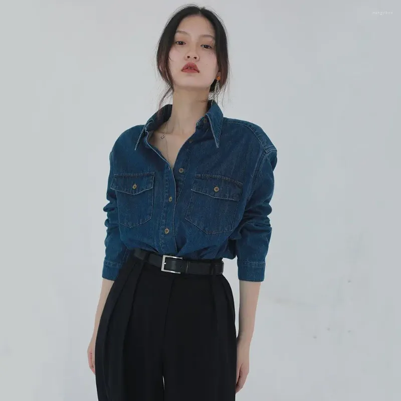 Women's Blouses Women Clothes Blue Denim Shirt 2023 Autumn Single-breasted Jeans Female Pockets Loose Fashion Lapel Cowboy Blusas