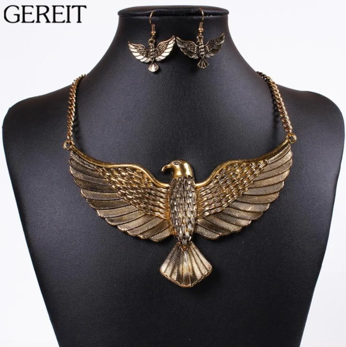 GEREIT Vintage Oro Argento Riempito Grande Uccello Aquila Collana con pendente Orecchini per le donne Punk Egiziano Africano Dubai Set di gioielli2970431