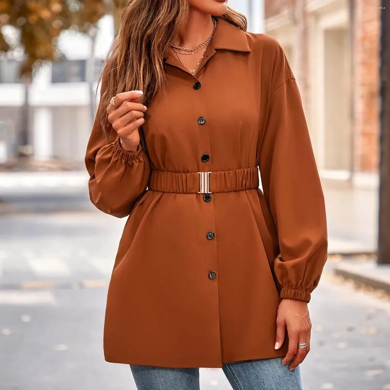 Women's Blouses 2024 Spring Elegant Solid Colour Lapel Lantern Long Sleeve Shirt Fashion Belt Waisted Single Breasted Blouse