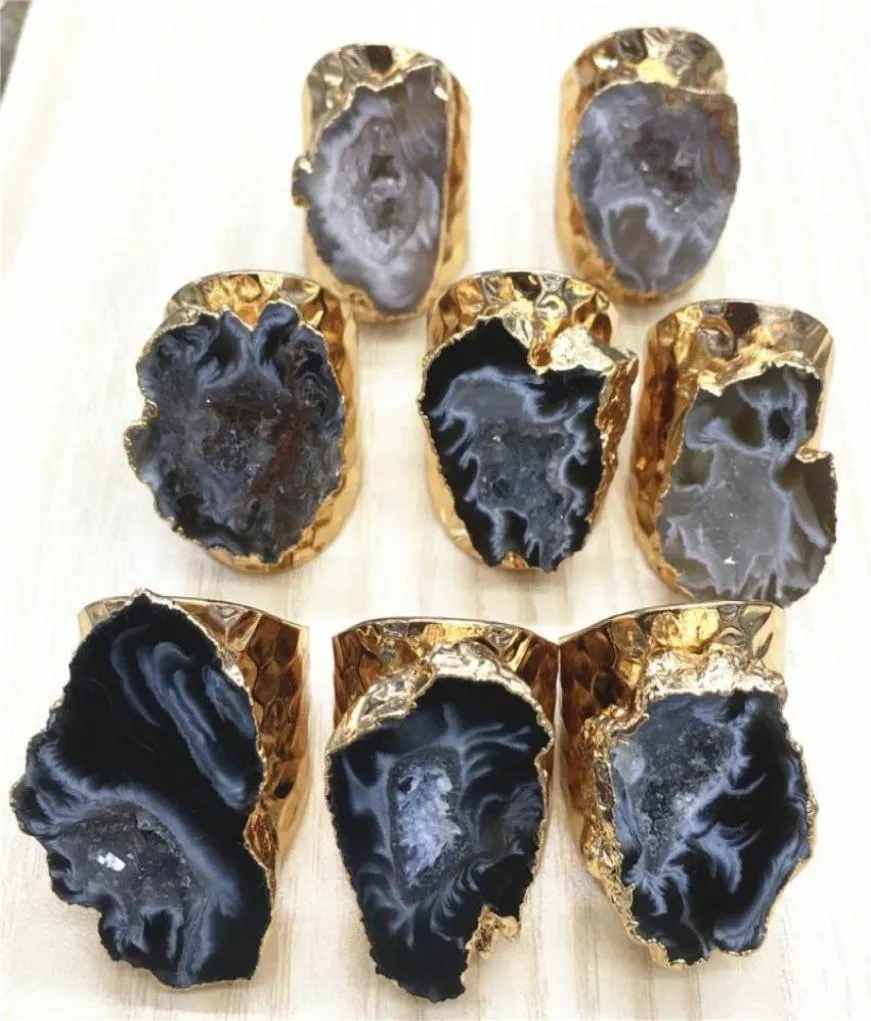 Natural Brasilian Electropated Golds Color Edged Slice Open Agates Geode Drusy Druzys Mens bröllopsringar Förlovningsring Set18716287