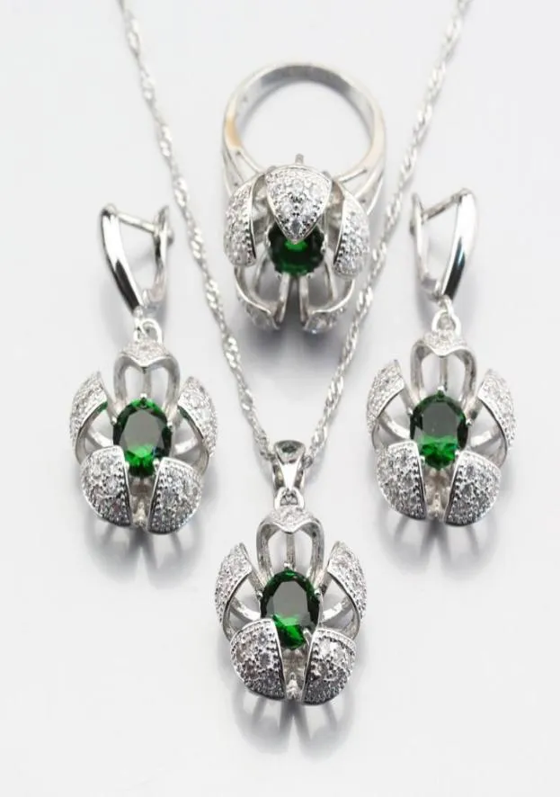 Örhängen halsband som säljer treedimensionell silverfärggrön skapad smaragdblomma smyckesuppsättningar för kvinnor ring 678910 JS39590210