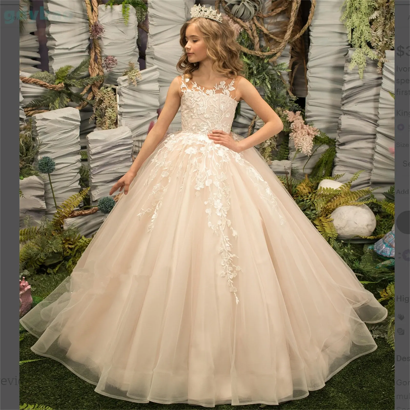 Klassische lange Blumenmädchenkleider mit Juwel-Ausschnitt, ärmellosem Tüll und Spitzenapplikationen, Ballkleid, bodenlang, maßgeschneidert für die Hochzeitsfeier