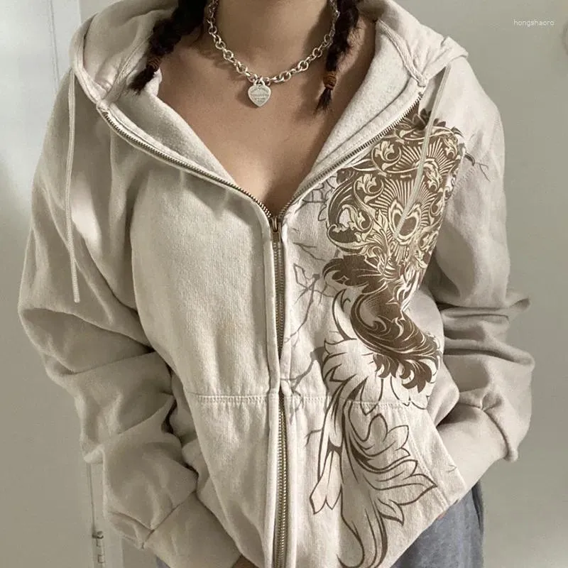 Sweats à capuche pour femmes Automne Hiver Femmes Vêtements Vintage Y2K Imprimer Zip Up Grunge Manches Longues Sweats À Capuche Harajuku Alt Vestes 90s