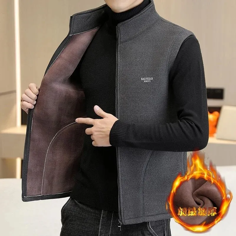 Мужская куртка из искусственного меха, теплая мужская куртка без рукавов, зимняя одежда с воротником-стойкой, корейский модный мужской жилет, короткое пальто, жилеты, утепленный тепловой жилет 231212