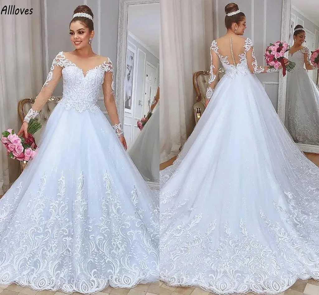 Glamorous Lace Appliqued Plus Size Wedding Dress with Sheer Neck and Back Buttons Elegant Bridal Gown in A Line Silhouette with Sweep Train