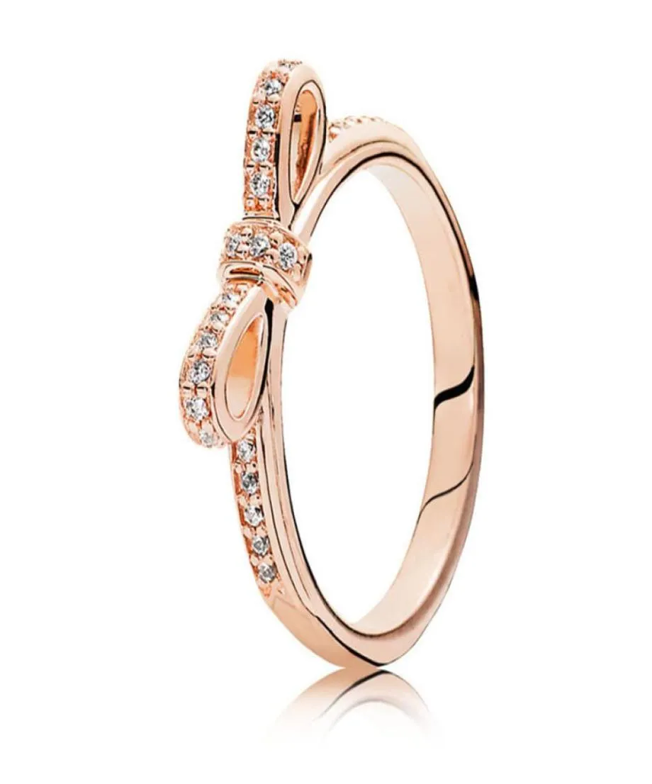 18 -krotny Rose Gold Classic Bow Pierścień z oryginalnym pudełkiem do p prawdziwa srebrna biżuteria ślubna dla kobiet CZ Diamentowa dziewczyna pierścionki prezentowe set5052551