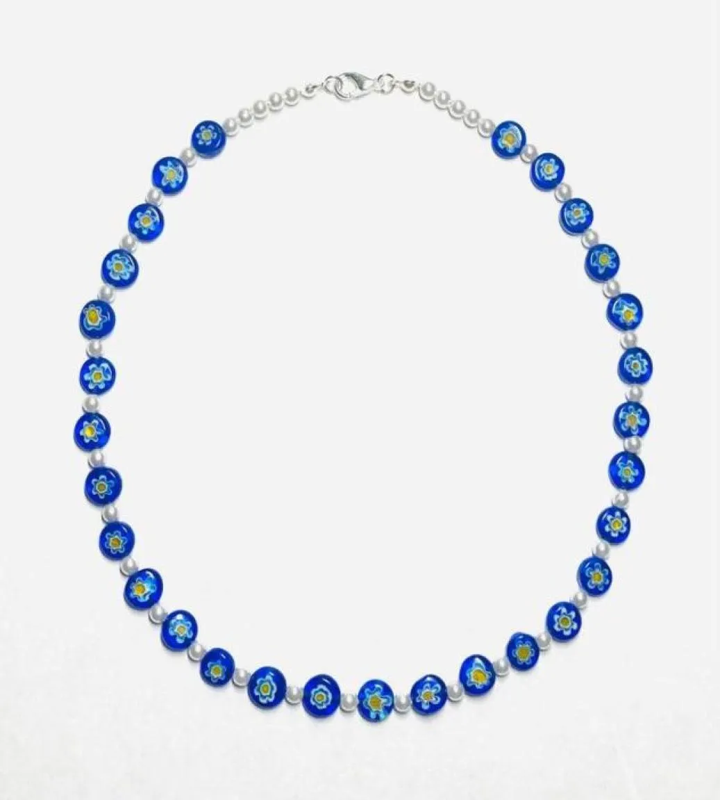 Chokers Boho Women Blue Ladies Natural słodkowodnej perły inspirowane przezroczyste millefiori szklane naszyjnik z koralikiem 202226273002770687