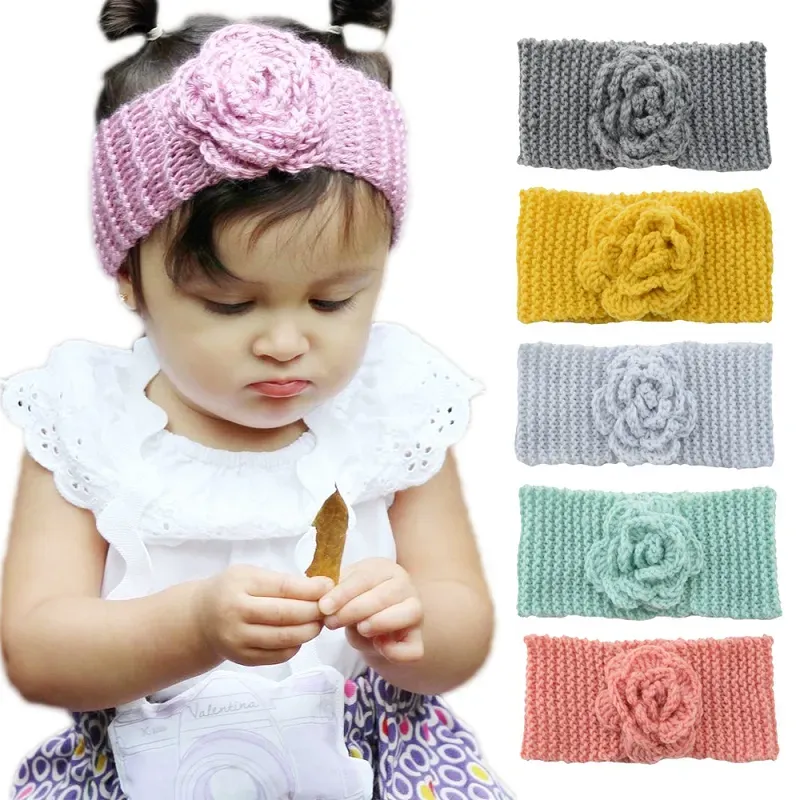 Vinter varm baby turban stickad ull pannband mode virkning blomma huvudkläder flickor hårtillbehör nyfödd spädbarn blommig headwrap bj