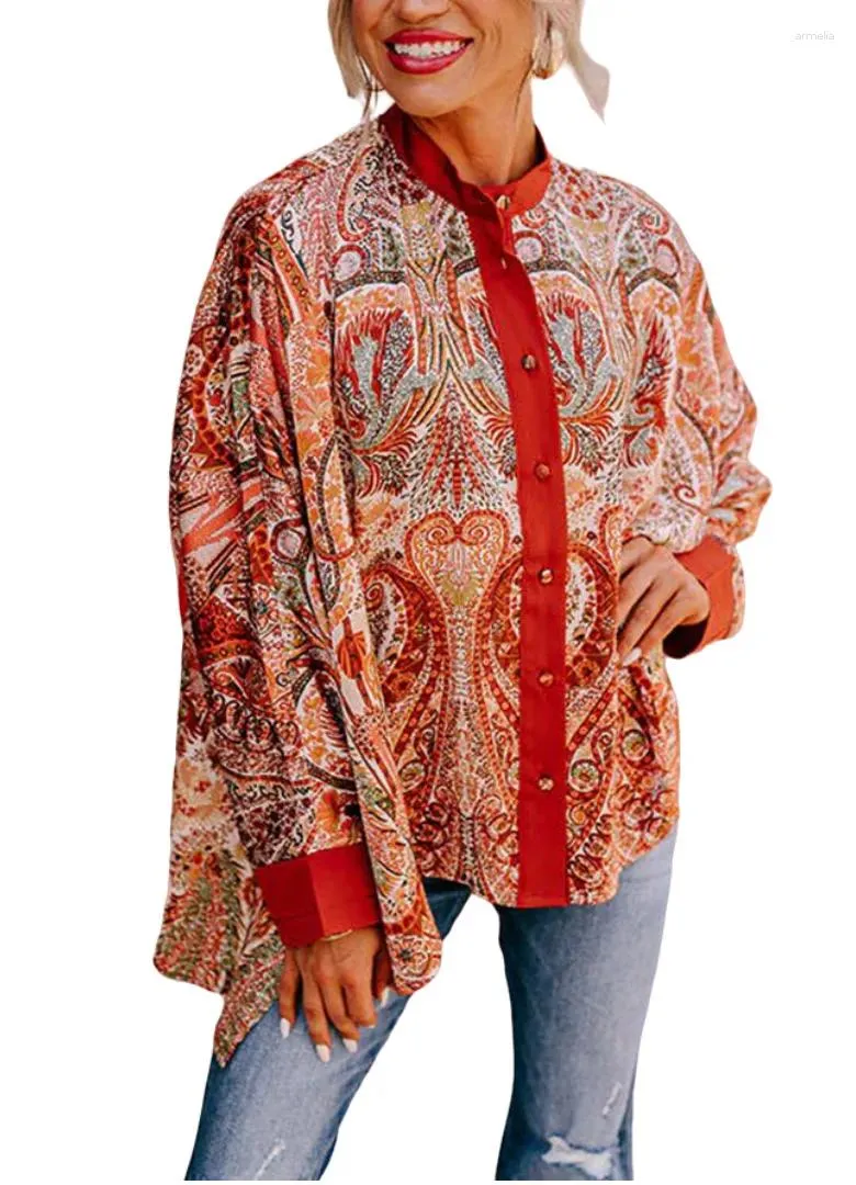 Женские блузки, большие рубашки с графическим принтом «летучая мышь», воротник-стойка, рубашки на пуговицах, винтажная блузка, свободные топы в стиле ретро 2023, 2023