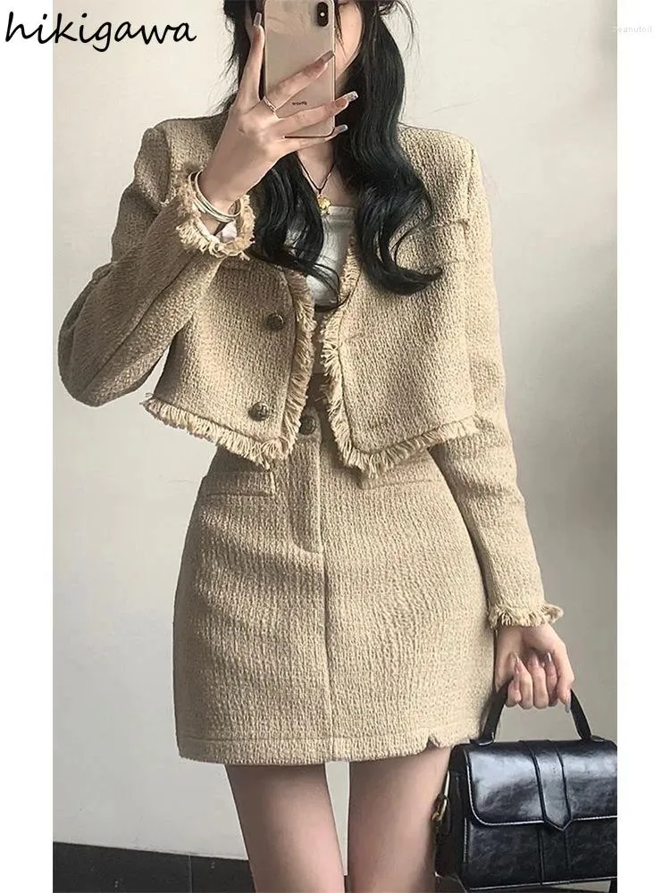 Work Dresses Temperament Outfits Korean Chic 2 Piece Set Women Clothing V-neck Tassle Short Jackets High Waist Mini Bodycon Skirt Suit 7L437