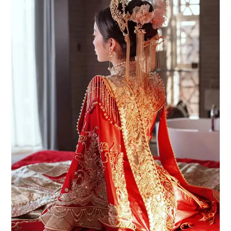 Ubranie etniczne Yourqipao Ulepszona suknia ślubna Hanfu 2023 Chińska jesień ślubna jesień i zimowe ciężkie hafty z koralikami xiuhe sukienki szlafrok 231212