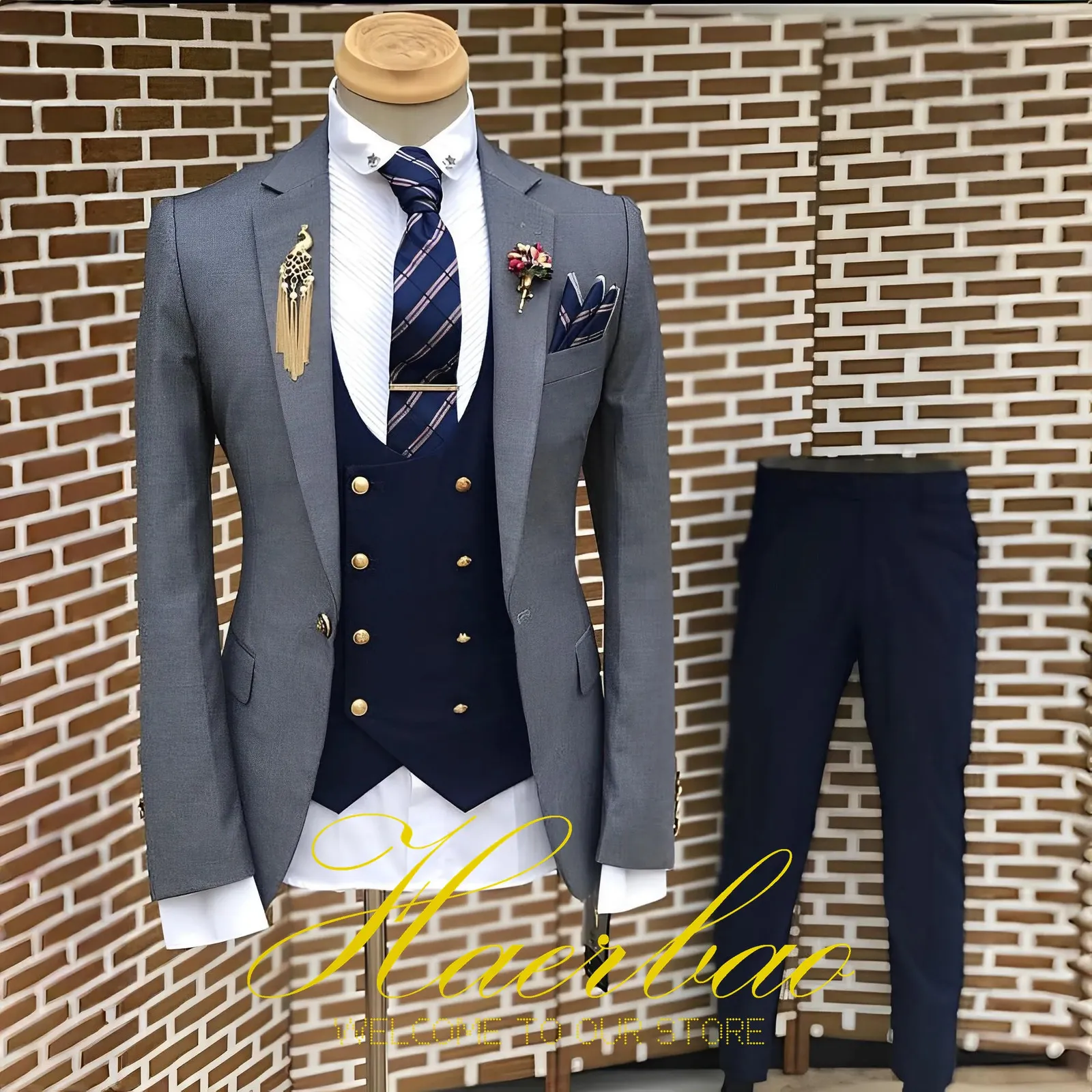 Mäns kostymer Blazers passar Business Jacket Mörkgrå Navy Blue Vest Pants 3 -stycken Set Slim Fit Wedding Tuxedo för män 231212
