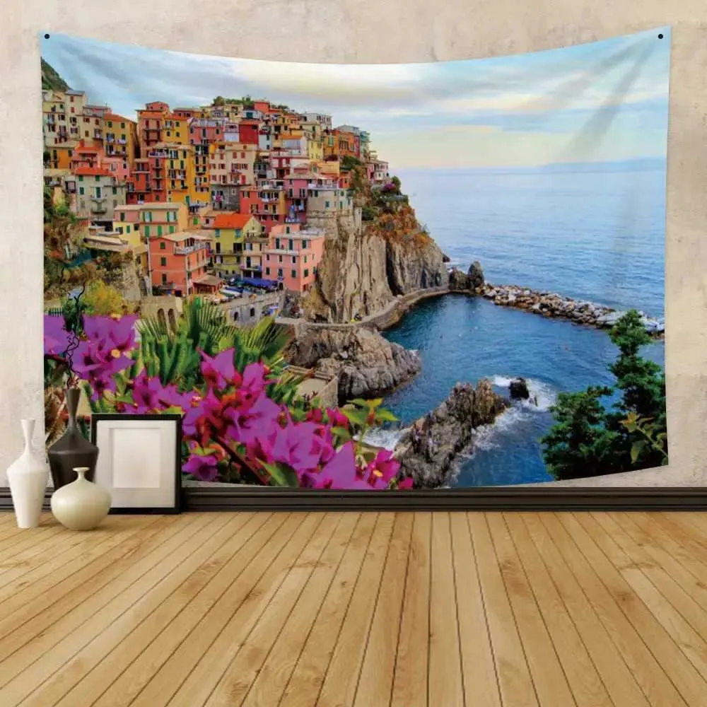 Tapisseries Italie Paysage Tapisserie Cliffside Village Cinque Terre Bord de Mer Paysage Tenture Murale pour Chambre Salon Dortoir Décoration d'intérieur