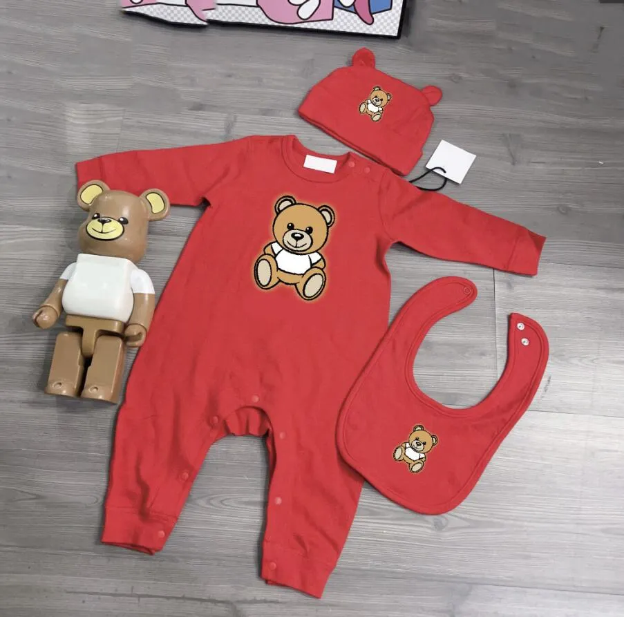 Spring Autumn Baby Brand Rompers Toddler Long Sleeve Jumpsuits Cartoon Bear Infant Onesies+Hats+Bibbs 3st Set