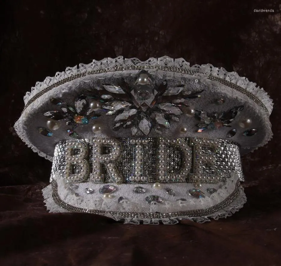 Berretti da donna da sposa sposa cappello di lusso strass sergente militare gallina fare festival capitano compleanno parte cappello berretti Davi224826112