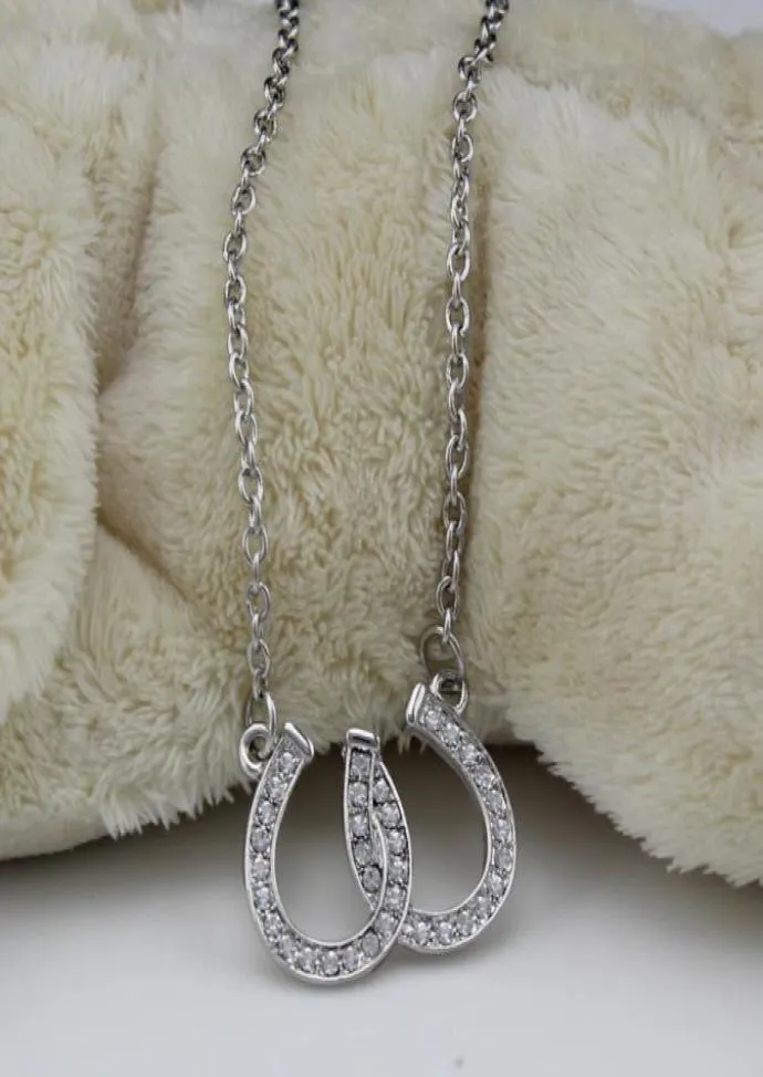 Bijoux en plomb et en nickel, collier avec pendentif en fer à cheval double, bijoux en fer à cheval équestre décorés de cristal tchèque blanc 1067785