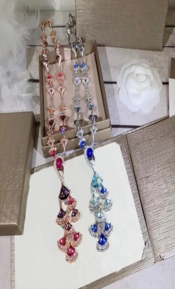Europe America Fashion Lady Women Brass Color Gemstones 18K Guld Långa halsband med tofsar Ställa in Diamond Redblue Zircons Fan 5773131
