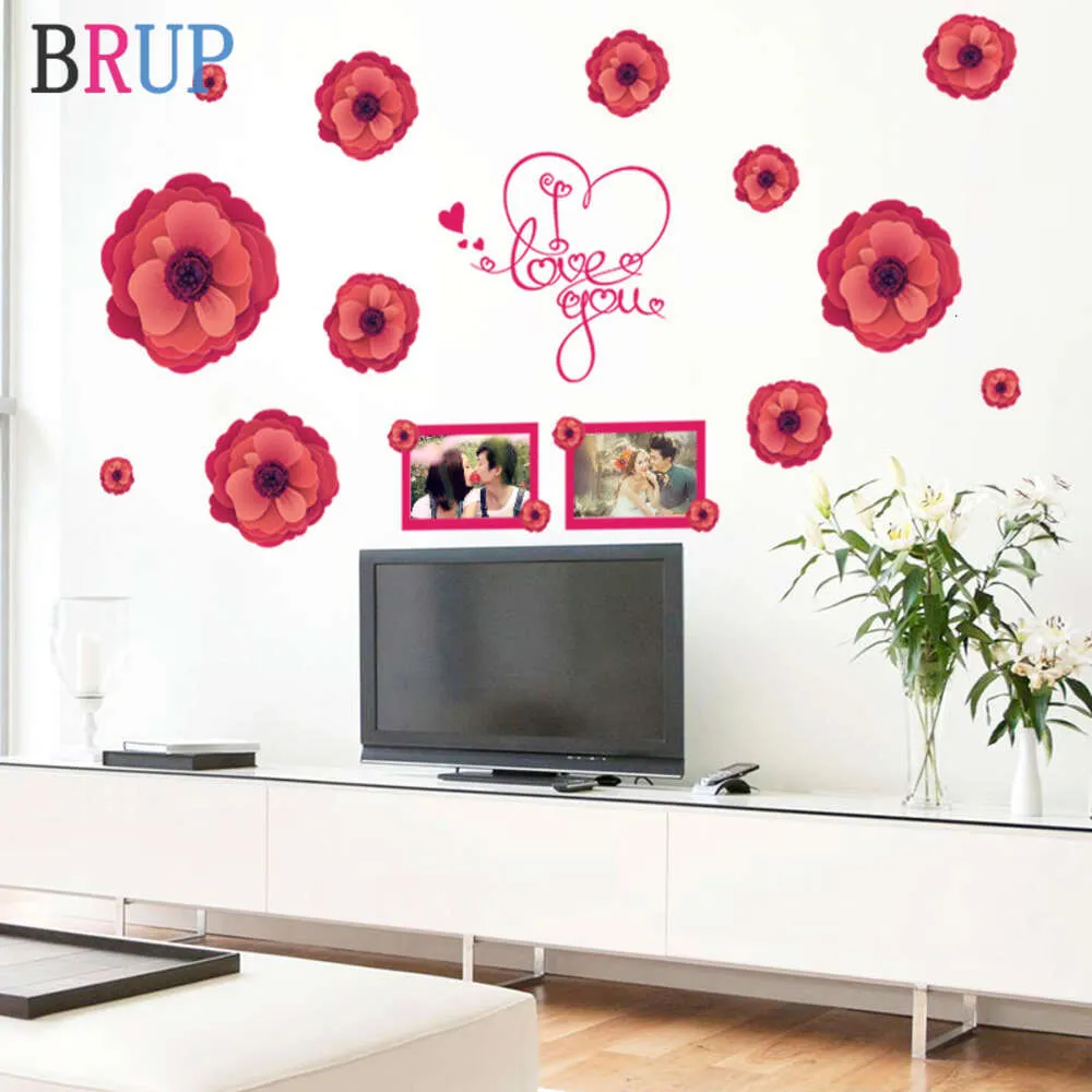 Romantisk röd blomma foto ram vägg klistermärken konst pvc vinyl heminredning varm hem dekoration kreativ väggdekaler avlägsnande