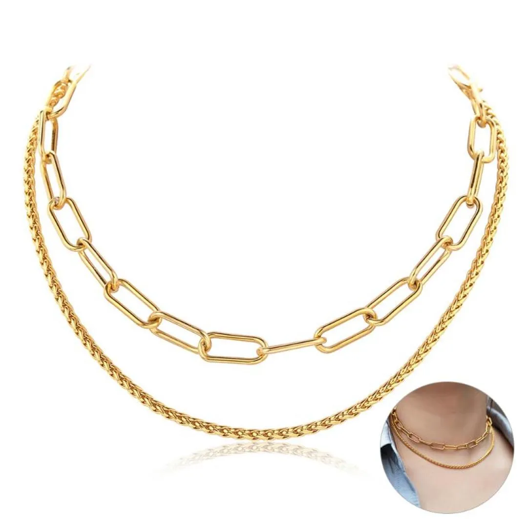 Chic Punk Double Layered Choker Necklace Paperclip Square Wheat Chain Gold Color rostfritt stål Kvinnor minimalis smycken DN2034658944