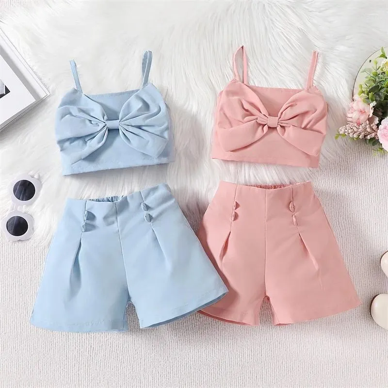 Clothing Sets Summer Toddler Kids Baby Girls Casual Clothes Solid Bowknot Sleeveless Tanks Tops High Waist Shorts Children