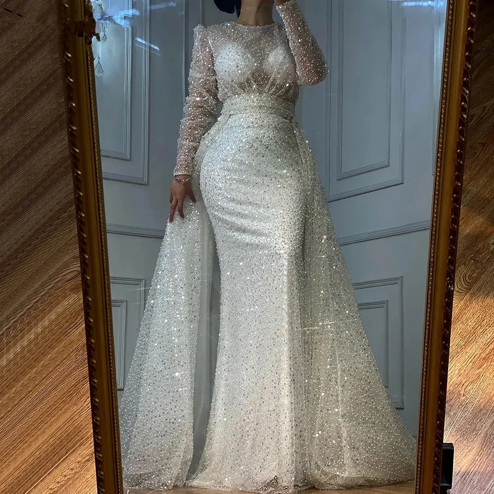 2024 Vestido de fiesta de noche de princesa de lujo Mangas largas Lentejuelas con cuentas Tren desmontable Sirena Vestidos formales de fiesta Árabe Dubai Robe De Soiree