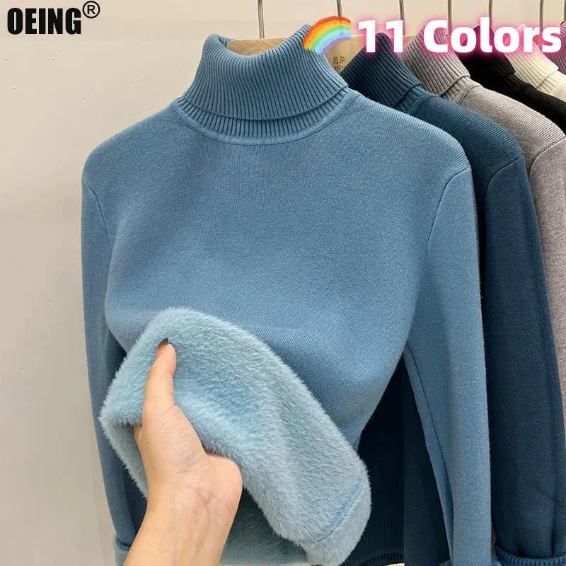 Women's Knits Tees Turtle Neck Solid Color Thick Fleece Warm Winter Sweater Women Elegant Knitted Loose Basic Vintage Korean Style Fashion Pullover 231213