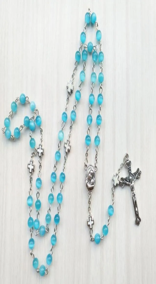 Collar de Rosario de ópalo azul, joyería de oración católica de Metal largo para hombres y mujeres 7819482