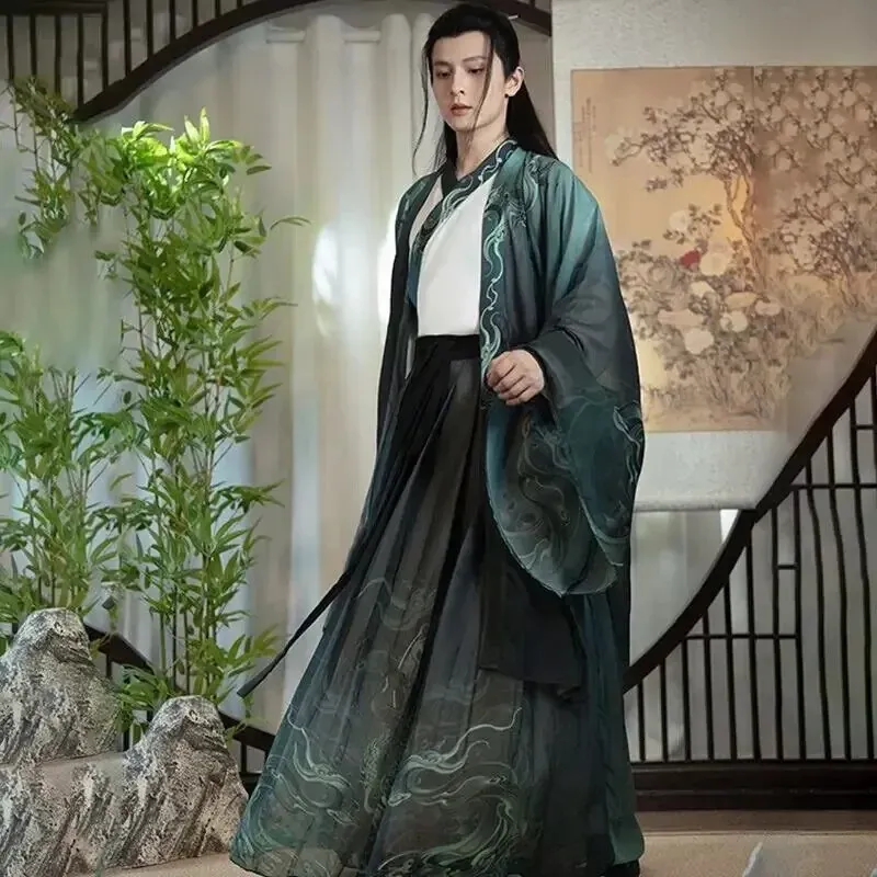 Etnische kleding Grote maat 2XL Hanfu Mannen Chinese traditionele bedrukte mannelijke Halloween Cosplay Kostuum Gradiënt Wit Groen 3-delige sets 231212