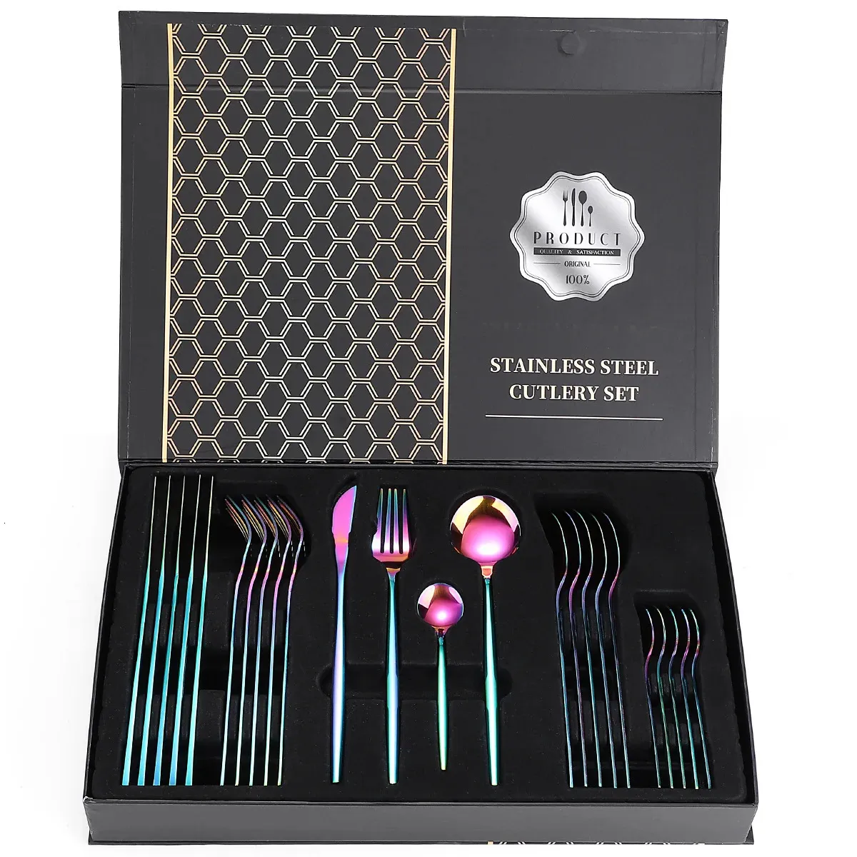 Dinnerware Sets 24PCS Rainbow Tableware Set Fork Spoon Knife Steak Cutlery 304 Stainless Steel Dinner Holiday Black Gift Box 231213