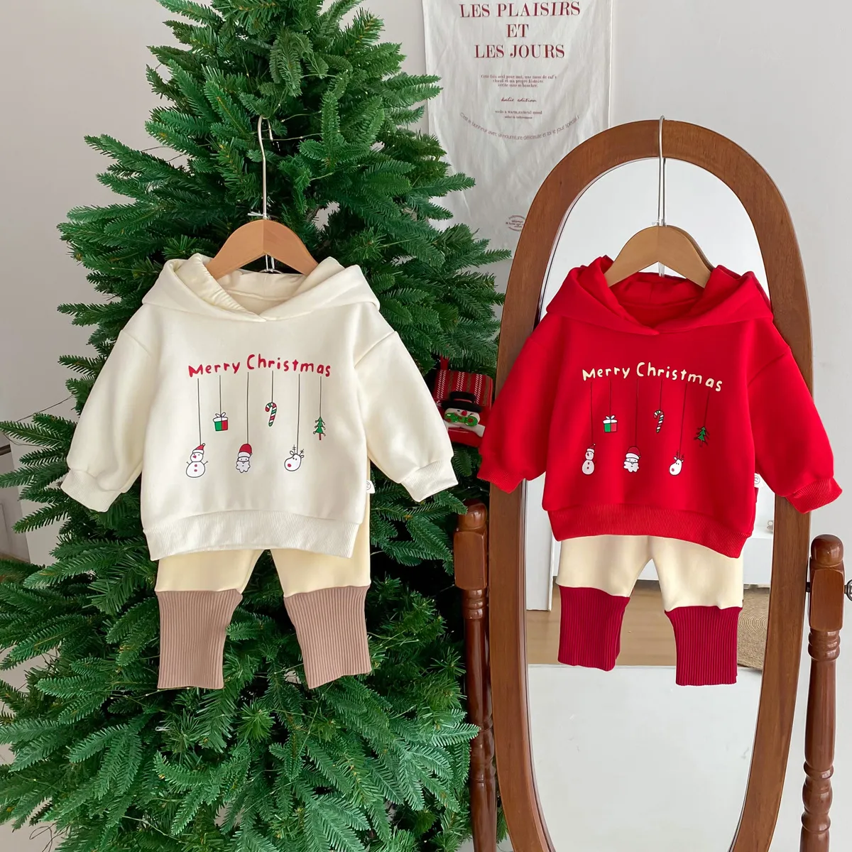 Barnens höst och vinter nya huvor och fleece hoodie Baby Boys and Girls Christmas Thick Warm Pullover Top Trousers