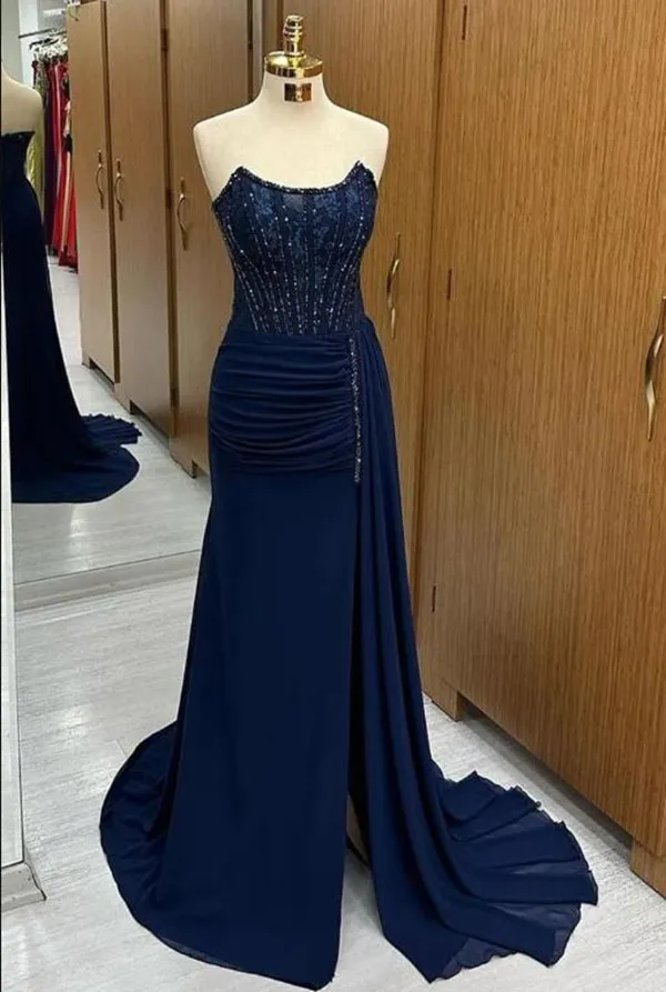 Robe de soirée en dentelle bleu marine, sans bretelles, avec perles exquises, fente latérale, robe de bal froncée en mousseline de soie