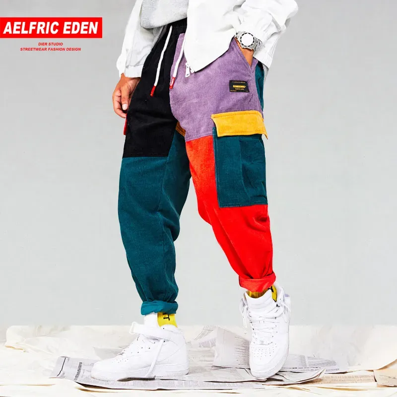 Aelfric Eden Men corduroy lapptäckfickor lastbyxor hiphop streetwear byxor