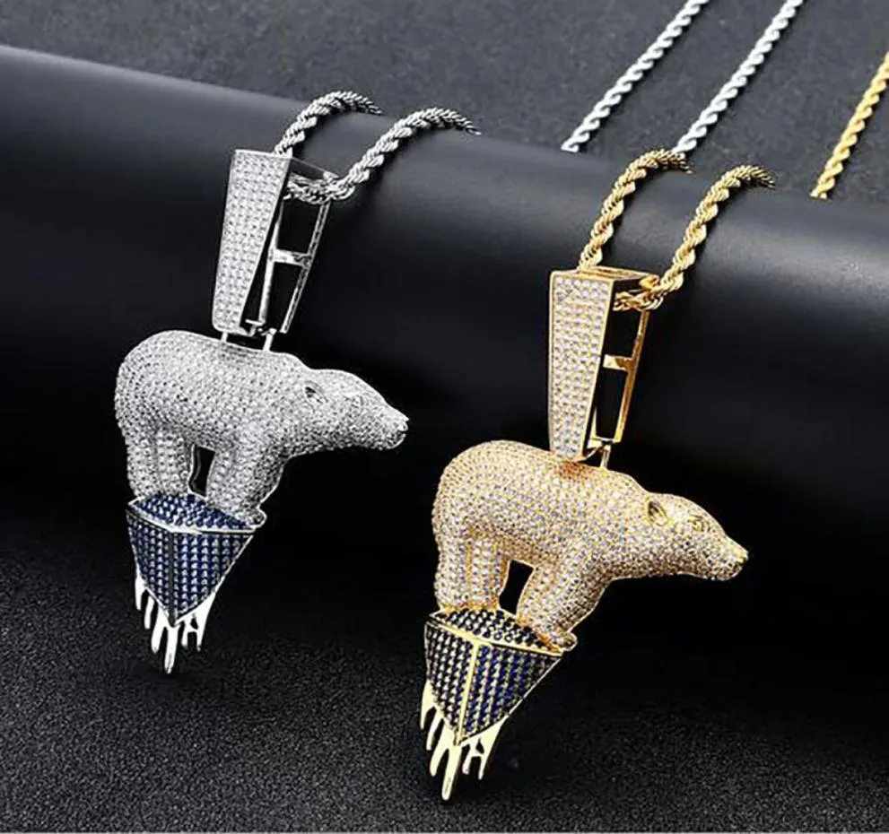 14K Золото Iced Out Белый Медведь Экологическая Тема Cz Bling Подвеска Мужская Хип-Хоп Микро Паве Цирконий Имитация Бриллиантов3204738