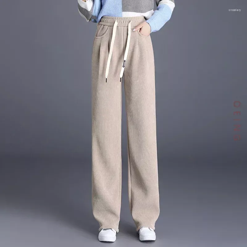 Kadın Pantolon Kış Giysileri Gevşek Pole Sıcak geniş bacak eşofmanları Kadın Şık Elastik Yüksek Bel Düz Tousers S-3XL 04174