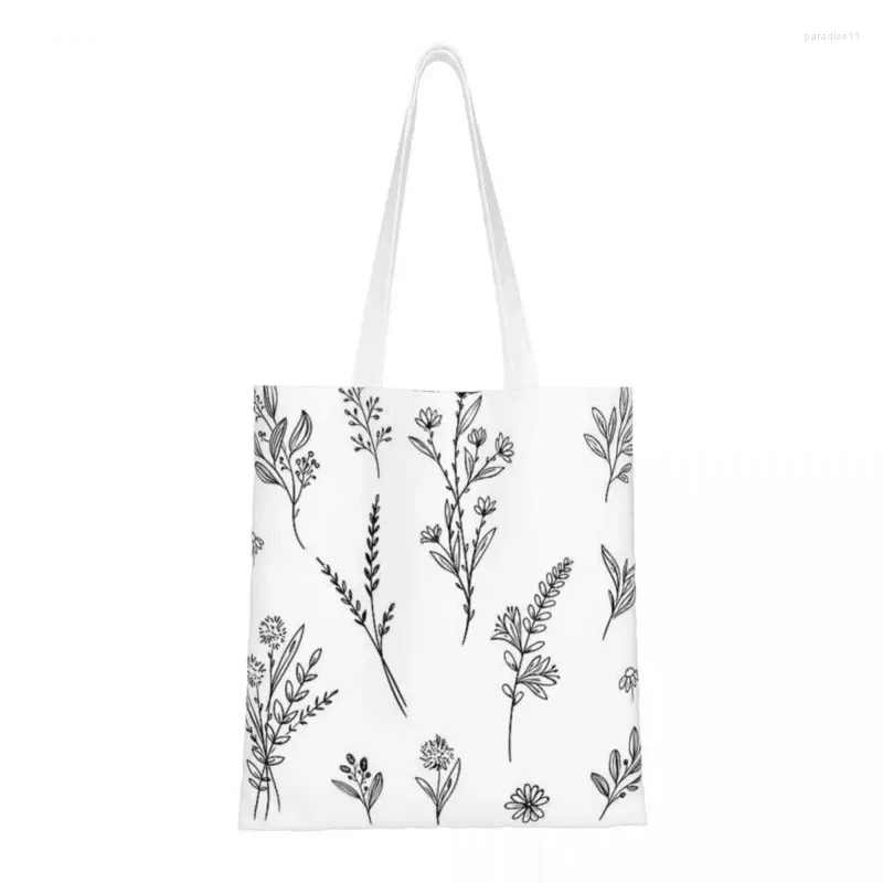 Boodschappentassen Handgetekende Wildflower Stickers Tas Canvas Opvouwbare Dames Schouder Casual Reishandtas