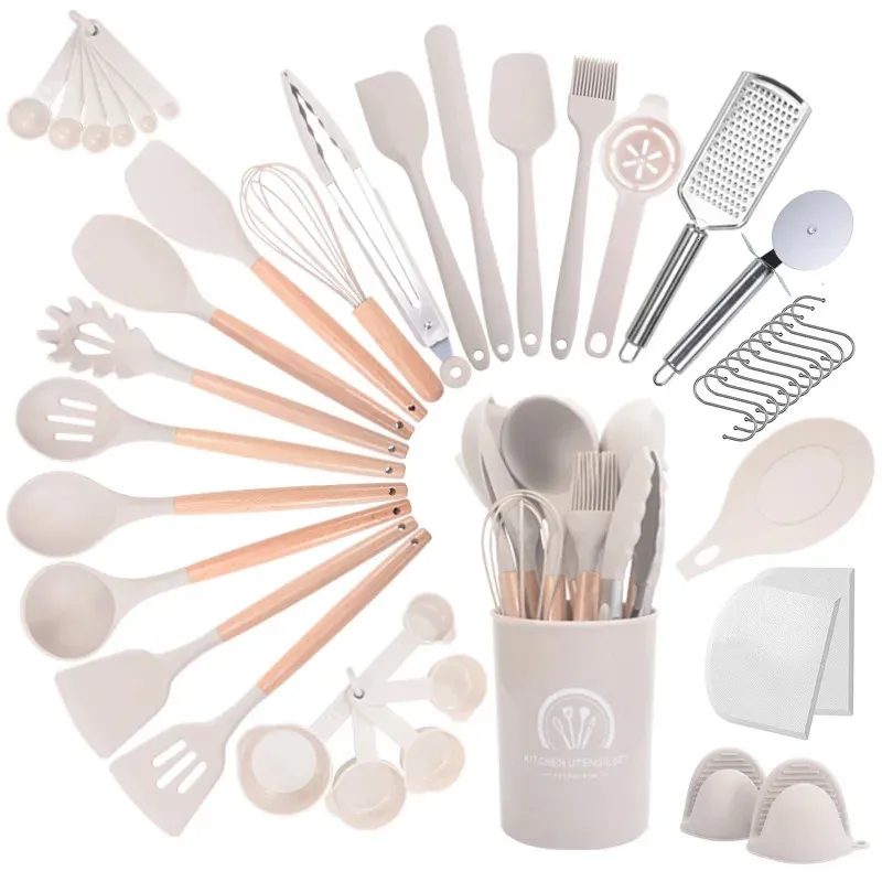 Umite Chef Kitchen Cooking Utensils Set, 24 pcs Non-stick Silicone Cooking  Kitchen Utensils Spatula Set with Holder, Wooden Handle Heat Resistant  Silicone Kitchen Gadgets Utensil Set (Khaki) 