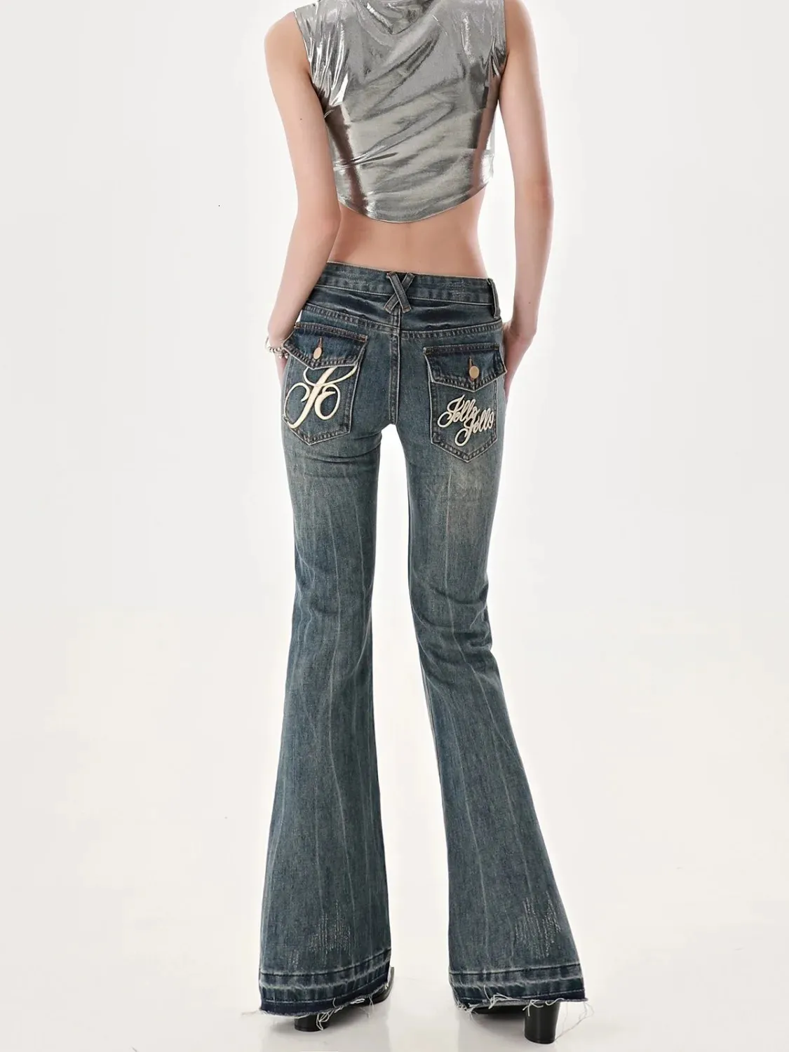 Jeans femininos americanos high street picante menina baixa cintura outono retro y2k design sentir slim fit tubo reto micro flash calças 231213
