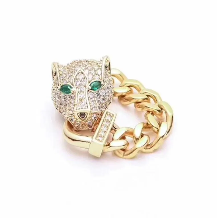 Cluster anneaux de mode créateur de bijoux en acier inoxydable Panthère avec une chaîne de femmes de qualité anneau de doigt cristallin Green Eyes1851337