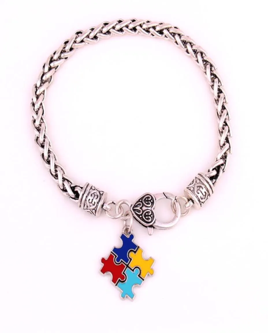 Mode Sensibilisation à l'autisme Puzzle Classique Argent Plaqué Carré Émail Charme Homard Griffe Bracelet Commerce Assurance Service4472896