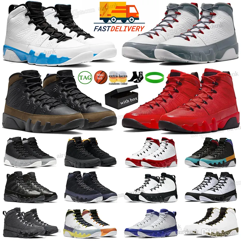 مع Box Jumpman 9 Men Basketball Shoes 9s Fire Red Light Olive Concord Particle Gray Unc Chile Blue Bred Breed Patent Anthracite Mens Switch Sweards Sneakers