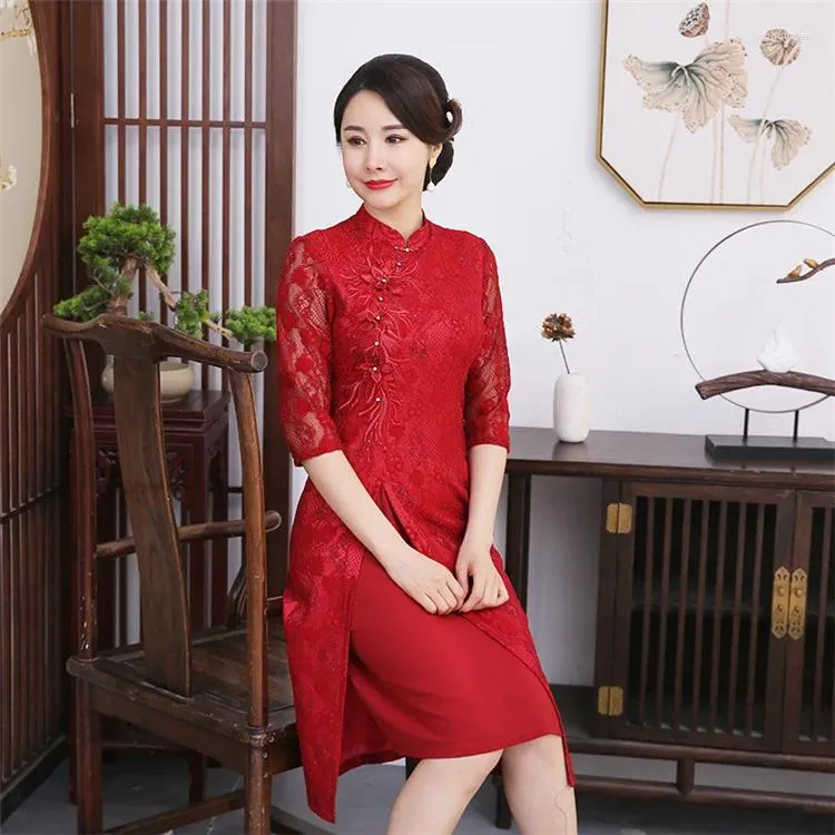 Ethnische Kleidung Spitze bestickt Blumen chinesischen Stil Kleid Hochzeit Party Qipao Dame Mandarin Kragen Cheongsams Retro Vestidos Plus Größe