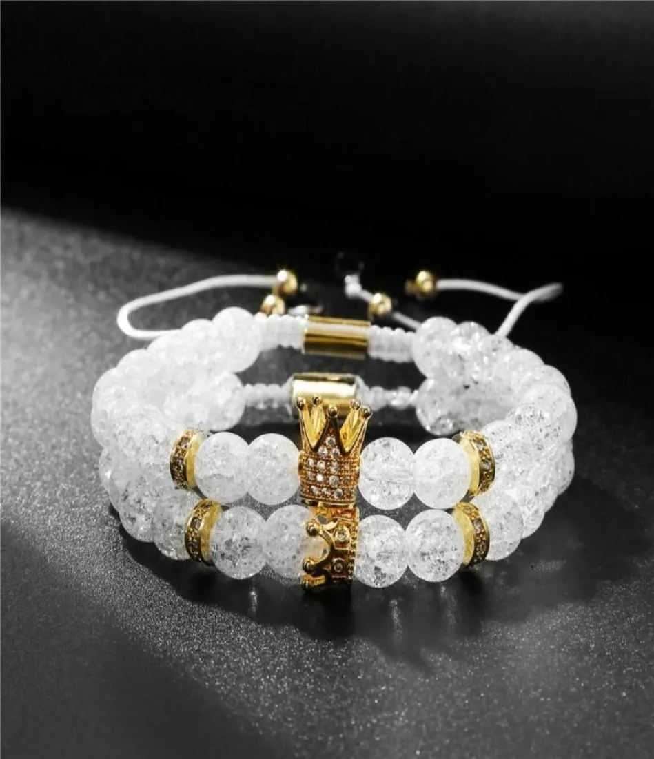 Charm Bracelets 8mm White Stone Beads Bracelet 2pcsSet Mens Jewellery CZ Crown For Women Fashion Armband Cuff Aarrival8226278