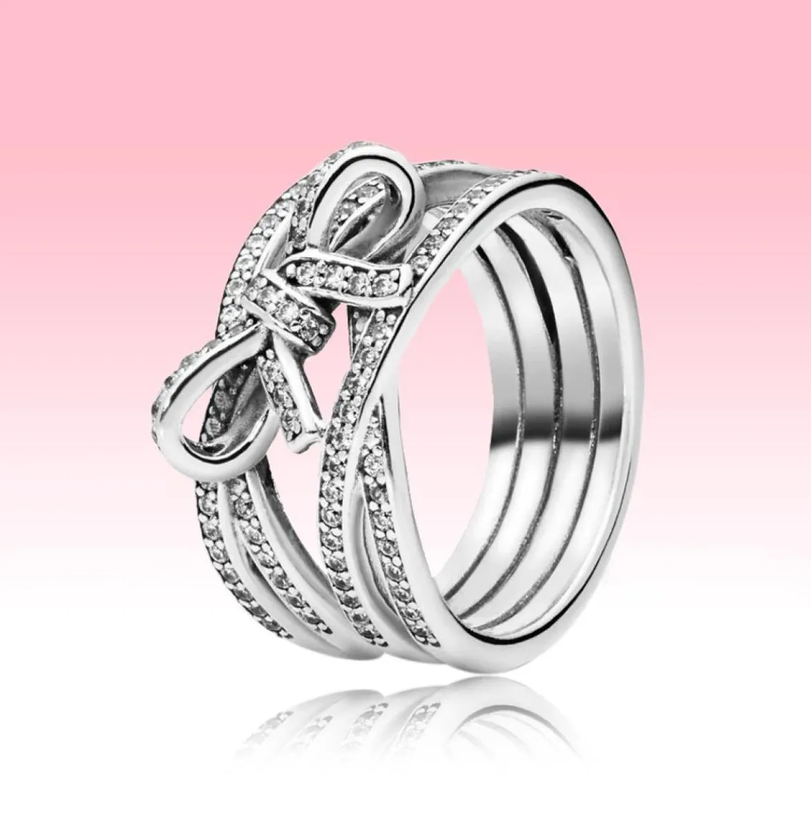 Sparkling Ribbon and Bow Ring CZ Diamond Jewelry for P 925 Sterling Silver High Quality Women Grils Rings med Original Box Set8259520