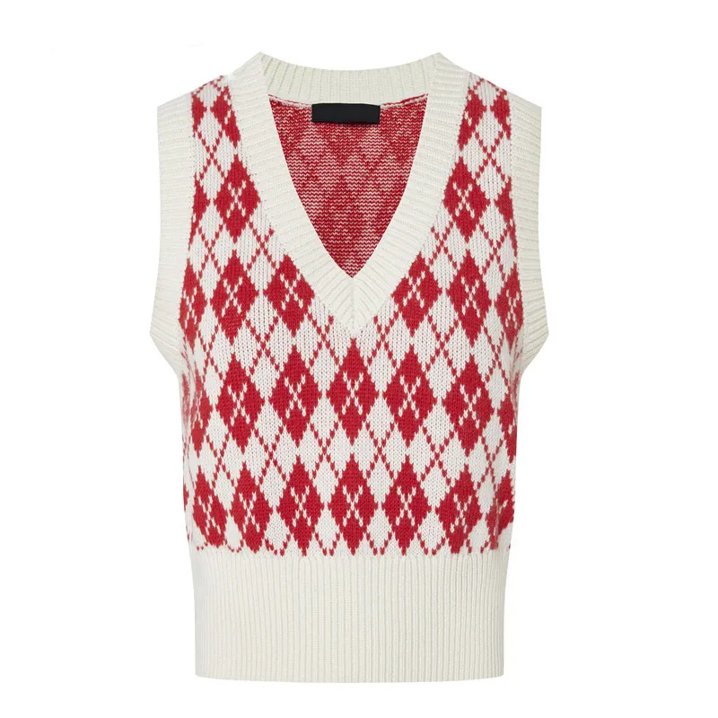 2023 autumn and winter new contrast knitted vest V-neck short vest bottoming Joker loose sleeveless knit top