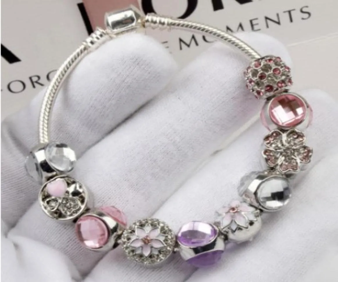 Fashion 925 Sterling Silver Pink  Purple Sparkling Drops Flower Bracelet Crystal European Charm Beads Fits Charm Bracelets  Bangle9942666