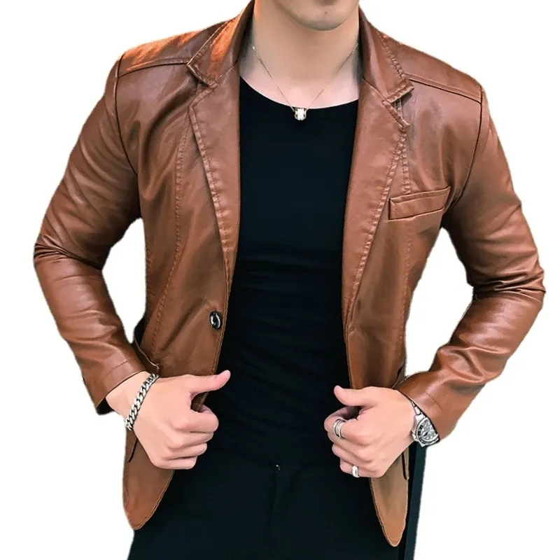 Chaqueta Blazer para hombre, chaquetas de cuero de invierno y otoño, nuevo estilo coreano, abrigos de cuero de Pu de tendencia delgada para hombre