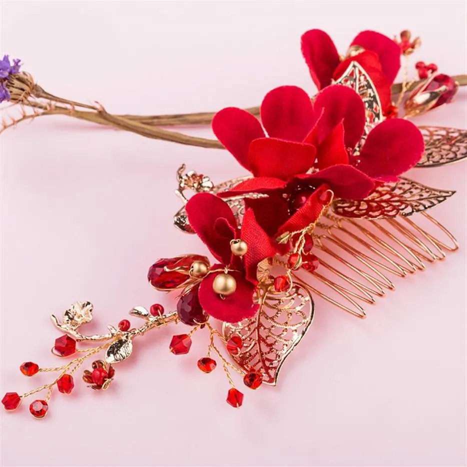 Peigne à cheveux à fleurs rouges entières, accessoires pour cheveux de bal de mariage, feuille d'or, peignes de mariée, couvre-chef pour femmes, bijoux 201J