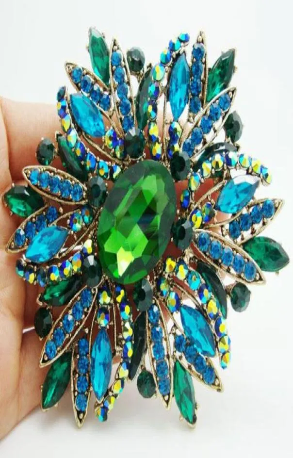Bütün 2014 Yeni Moda Zarif Çiçek Goldplated Büyük Broş Pin Yeşil Rhinestone Crystal5219816