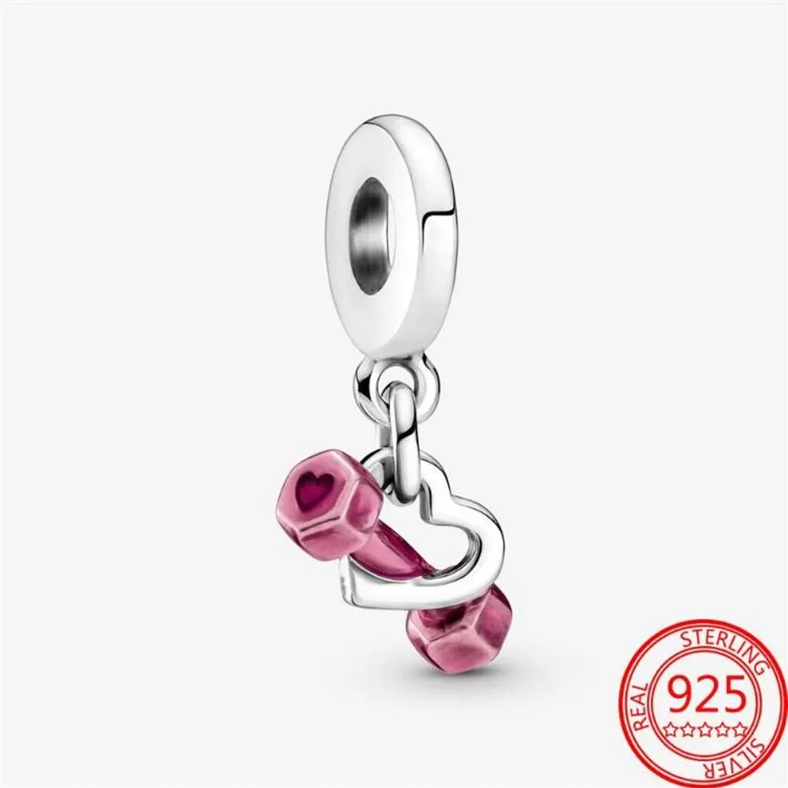 Outros 100% 925 prata esterlina rosa haltere coração balançar charme caber 3mm pulseira s925 diy jóias presente menina259m